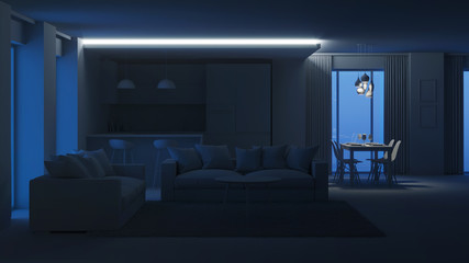 Modern house interior. Evening lighting. Night. 3D rendering.