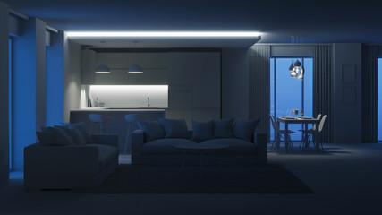 Modern house interior. Evening lighting. Night. 3D rendering.