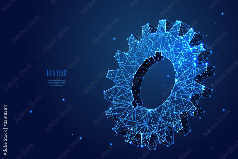 Poster a gear composed of polygons. low poly vector illustration of a starry sky or comos. the gears consis