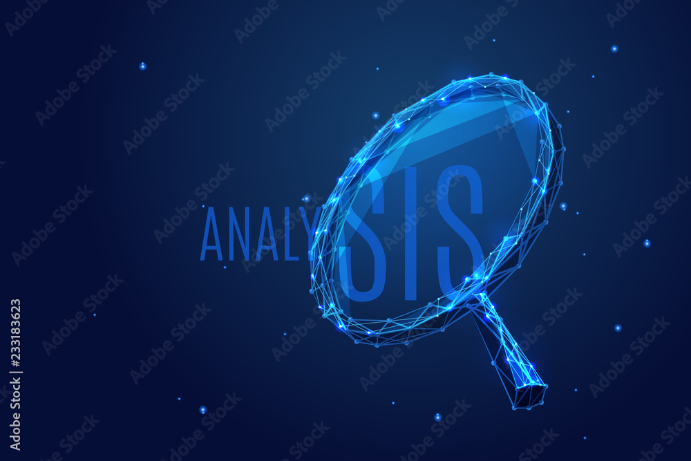 Aufkleber A magnifying glass composed of polygons. Low poly vector illustration of a starry sky style. Analysis or Search symbol. Business or Internet technology concept.