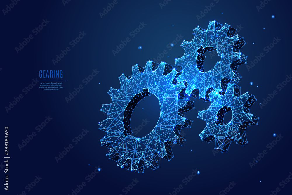 Aufkleber A gearing composed of polygons. Low poly vector illustration of a starry sky or Comos. The Gears consists of lines, dots and shapes. Mechanical technology machine engineering symbol.