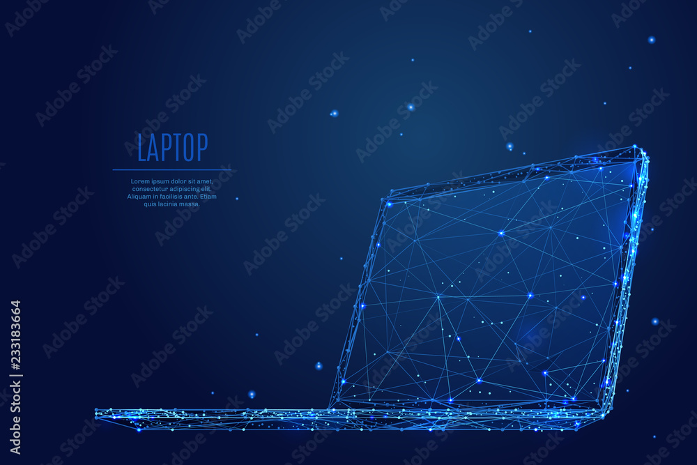 Aufkleber A laptop composed of polygons. Low poly vector illustration of a starry sky style. Notebook consists of lines, dots and shapes. Internet or digital or devices and computer symbol.