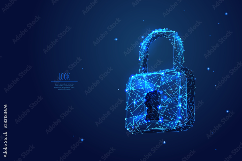 Poster Abstract closed lock without key on dark blue background. Protect or security symbol composed of polygons. Low poly vector illustration of a starry sky or Comos, consists of lines, dots and shapes.