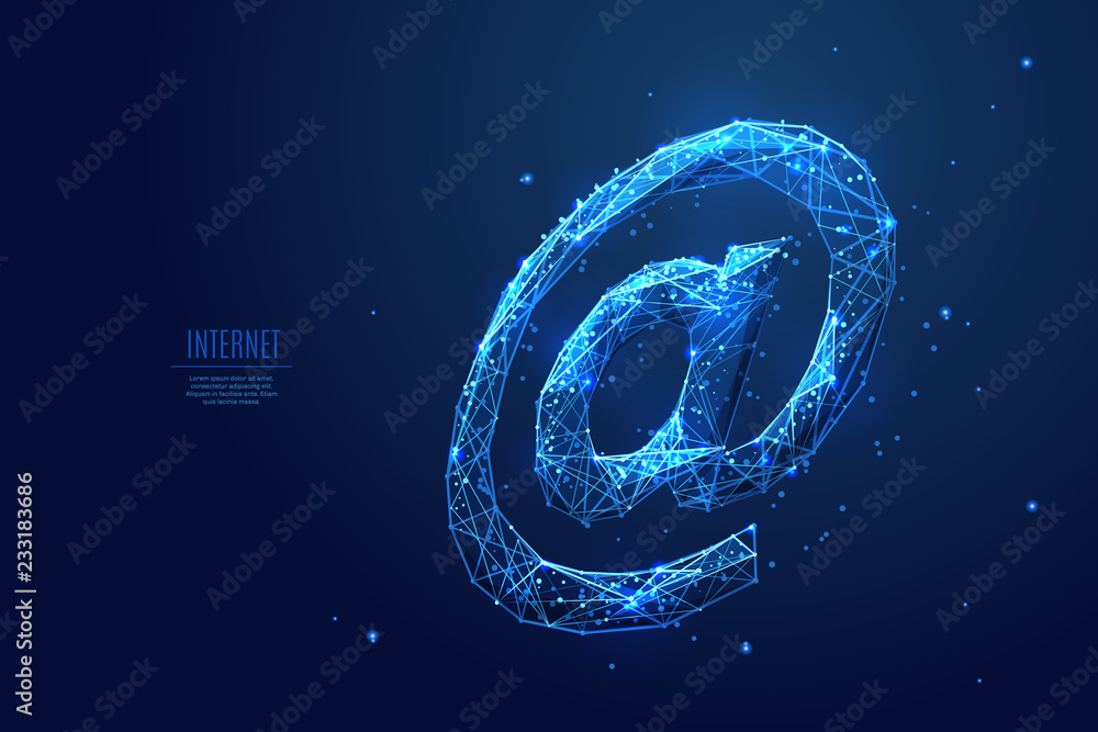 Aufkleber Internet AT or email symbol. The At symbol composed of polygons. Low poly vector illustration of a starry sky or Comos. The At consists of lines, dots and shapes. Polygonal image of internet .