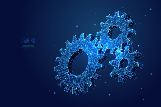 A gearing composed of polygons. Low poly vector illustration of a starry sky or Comos. The Gears consists of lines, dots and shapes. Mechanical technology machine engineering symbol.