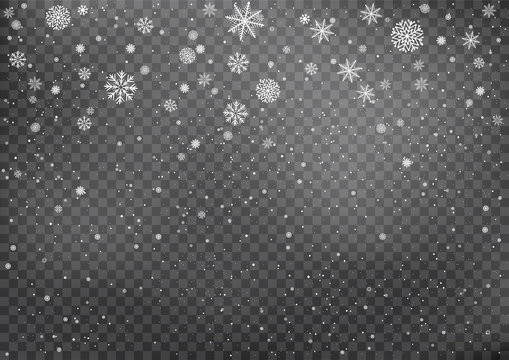 Snowfall on black transparent background. Winter snowy design. Different snowflake falling from the cloud in dark. Christmas and New Year eve