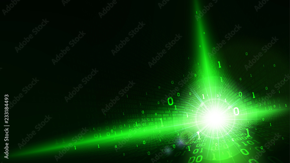 Poster binary code in abstract futuristic matrix cyberspace, shining green background with digital code, ma