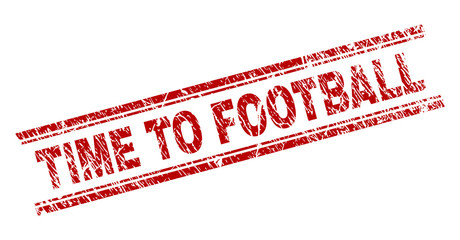 TIME TO FOOTBALL seal print with distress texture. Red vector rubber print of TIME TO FOOTBALL label with unclean texture. Text label is placed between double parallel lines.