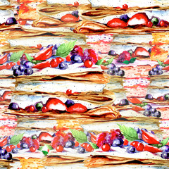 Seamless pattern with watercolor hand painted sweet and tasty cakes, pie, cream cake with strawberry,blueberry. Portion biscuit pie with strawberries. It can be used for wallpaper,fabric design,banner