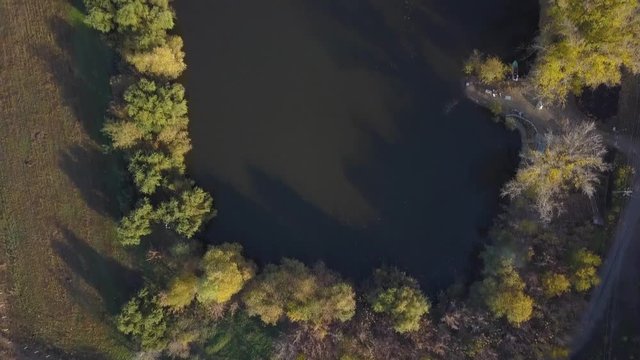 Flight over the small lake. Autumn landscape