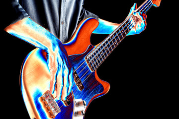 psychedelic image of bassist playing bass guitar