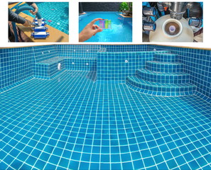 Construction of swimming pool spa chair.Tile installation at the corner of the pool.Construction...