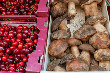 Pilze und Kirschen auf dem Bauernmarkt