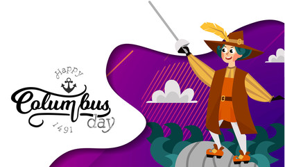 Naklejka premium Happy Columbus Day poster spanish sailor with sword