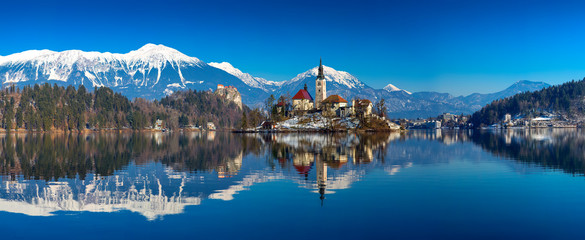 Bled lake and the Bled island church in Slovenia