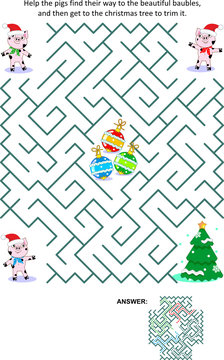 Winter holidays, Christmas or New Year maze game: Help the little pigs get to the christmas tree and decorate it. Answer included.
