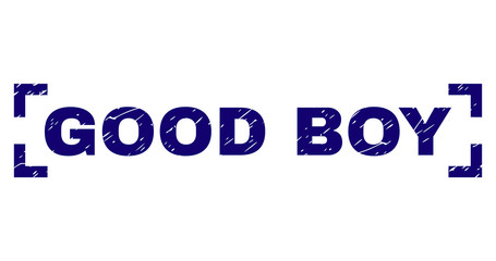 GOOD BOY text seal print with corroded texture. Text tag is placed inside corners. Blue vector rubber print of GOOD BOY with corroded texture.