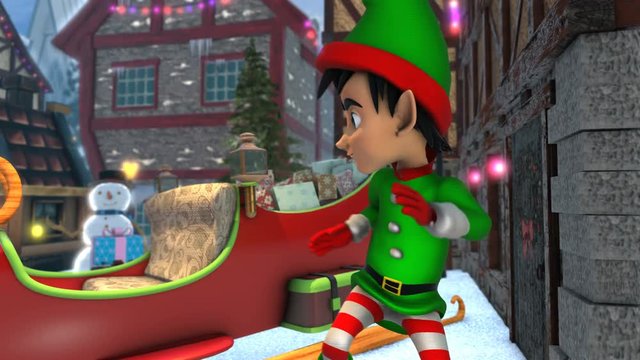 Cute elf dancing next to Santa&acute;sleight in a Christmas village. Seamless funny Christmas animation.