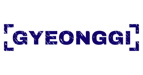 GYEONGGI text seal print with distress texture. Text title is placed between corners. Blue vector rubber print of GYEONGGI with scratched texture.
