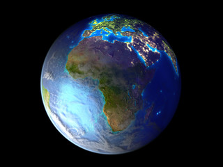 Africa on planet Earth from space illuminated by city lights. 3D illustration isolated on white background.