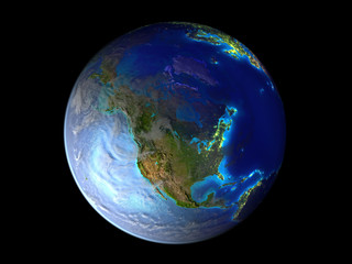 North America on planet Earth from space illuminated by city lights. 3D illustration isolated on white background.