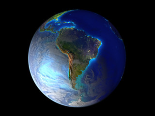 South America on planet Earth from space illuminated by city lights. 3D illustration isolated on white background.