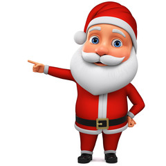 Character Santa Claus points his finger at an empty space. 3d rendering illustration for advertising.