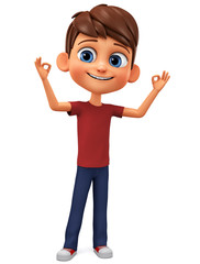 Cartoon character cheerful boy in red t-shirt shows ok on a white background. 3d rendering illustration.