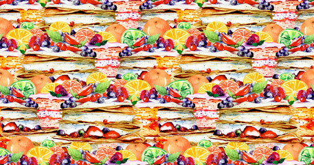 Seamless pattern with watercolor hand painted sweet and tasty cakes, pie, cream cake with strawberry,blueberry. Portion biscuit pie with strawberries.It can be used for wallpaper,fabric design,banner