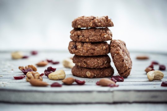 Vegan muesli biscuits with cranberries, nuts and oats