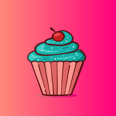 Sweet cupcake illustration in blue mint flavor with cherry and sprinkles