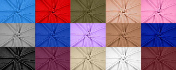 The fabric is gabardine, of different colours, set in one of the photos