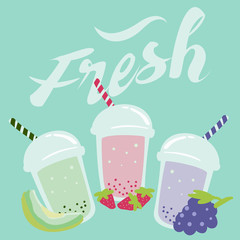 Bubble Smoothie to go plastic cup drink in fruits flavor poster banner