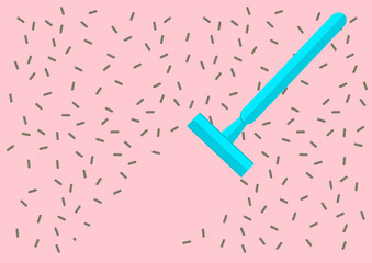 Blue blade razor with hair moving concept on pastel pink background