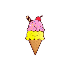 Happy yellow and pink ice cream cone with chocolate stick and sprinkles