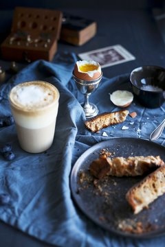 Soft boiled egg and latte