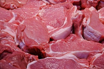 Pieces of pork meat, close up ,in fresh market for sale