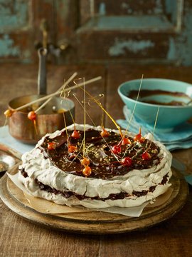 Chocolate, hazelnut and cinnamon meringue cake