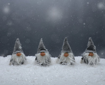 Vier Wichtel im Schnee