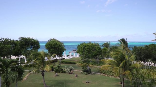 Beautiful Coconut palms and path to the Blue Atlantic Ocean beach in Holguin district of Cuba - October 31 2108.
