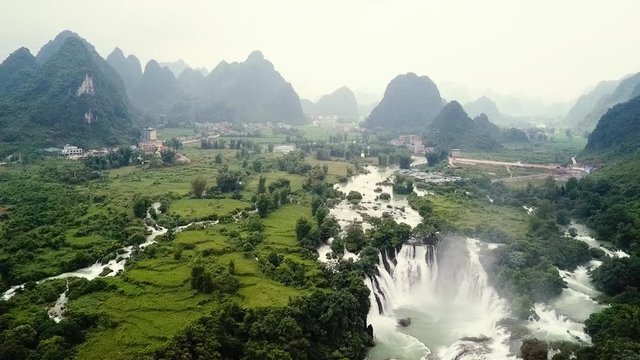 Ban Gioc Detian waterfall on the border between China and Vietnam aerial view