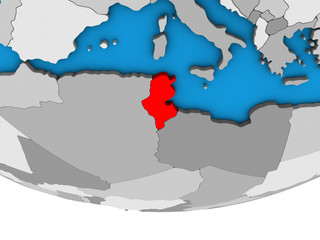 Tunisia on simple political 3D globe.