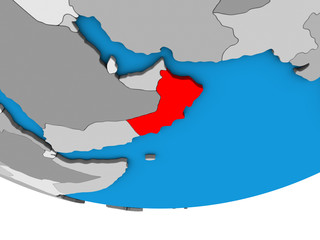 Oman on simple political 3D globe.