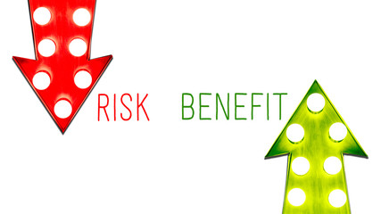 Risk benefit red and green left right up down vintage retro arrows illuminated light bulbs. Concept for advantages and disadvantages, risk and opportunity.  Isolated on white background with text.