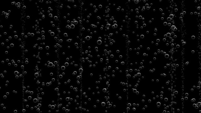 Animation of soda bubbles in water isolated on black background. Looping animation.