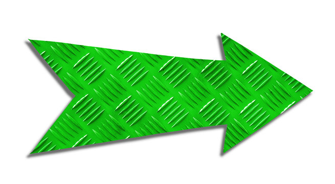 Green metallic iron direction arrow sign with steel checker plate (or diamond plate) industrial metal texture pattern cut out isolated on a white background. - Powered by Adobe