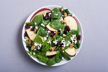 Autumn spinach salad with apple , cheese , walnut and dried cranberry . Healthy vegetarian food