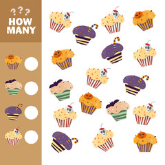 Educational counting game for preschool kids. How many cupcakes