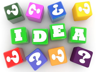 Idea concept is green cubes with colored question marks