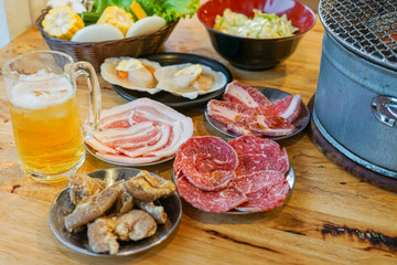 Japanese style Yakiniku set, Japanese-style barbecue, Premium beef and pork sliced on plate for Yakiniku